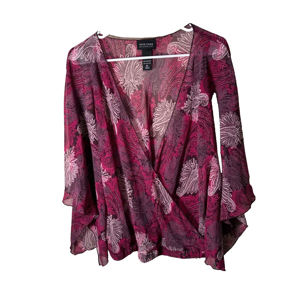 New York & Company Blouse Women's XL Sheer Floral Flare 3/4 Sleeve Ruffle Top